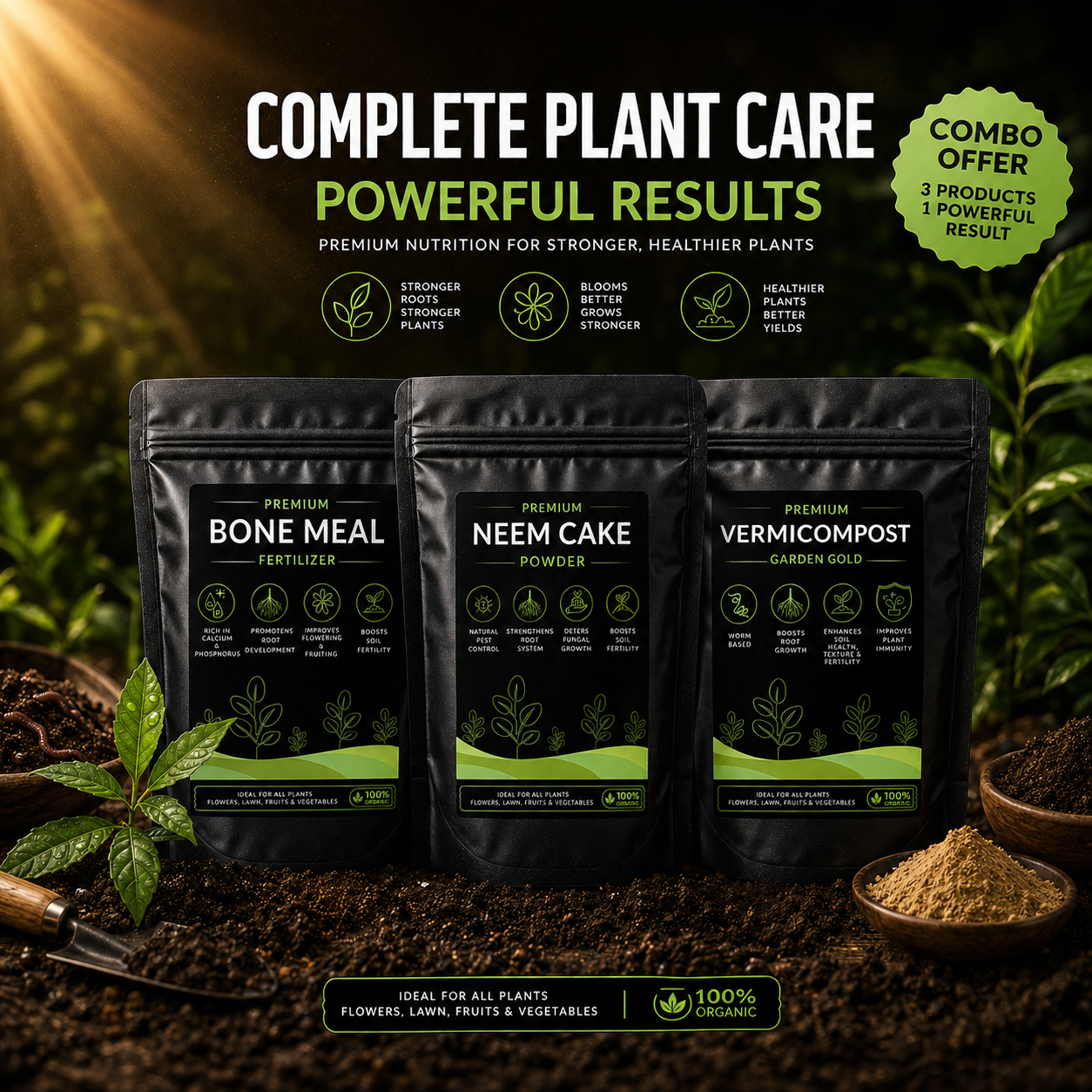 Gardening Combo - Bone Meal, Neem Cake Powder and Vermicompost