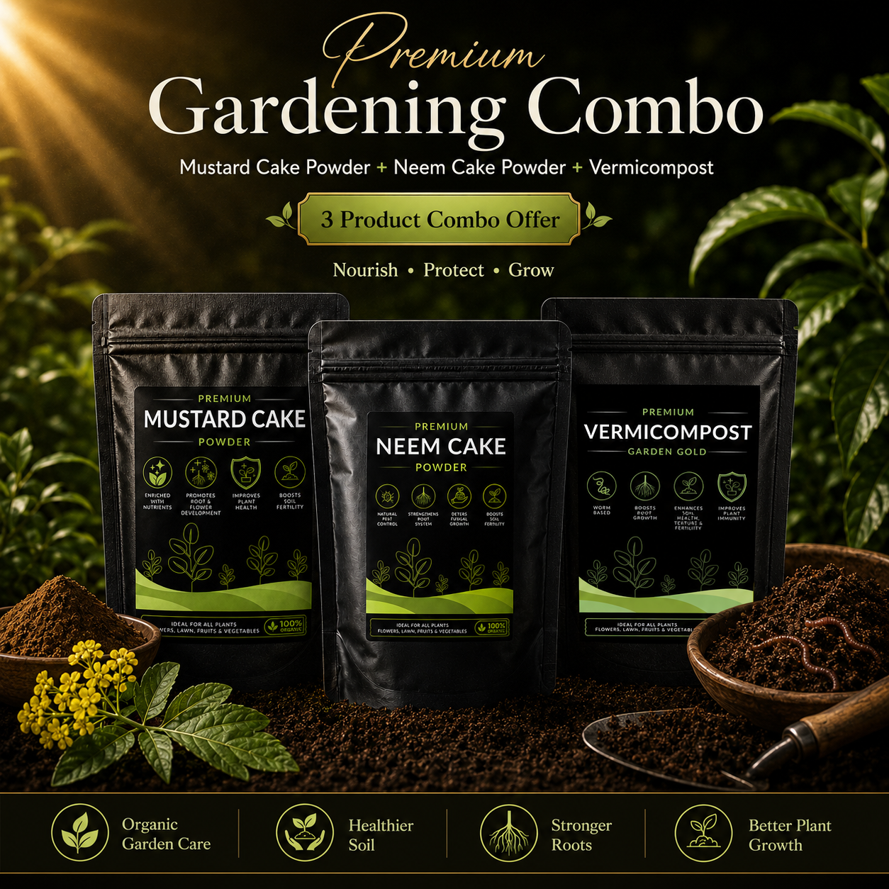 Gardening Combo - Mustard Cake, Neem Cake Powder and Vermicompost